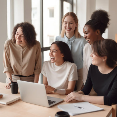 a group of women gathering around a laptop to share ideas